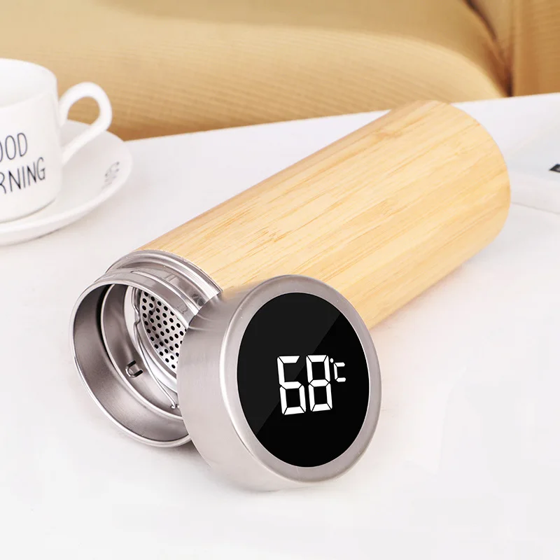 Termo inteligente de bambú de 450ml, botella de agua de acero inoxidable con pantalla táctil de temperatura, taza de té, Termo café