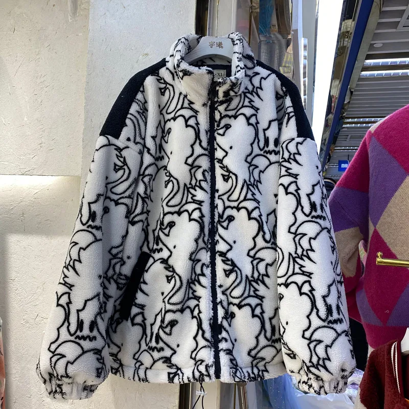 Куртка женская из искусственного меха ягненка модное Свободное пальто с принтом