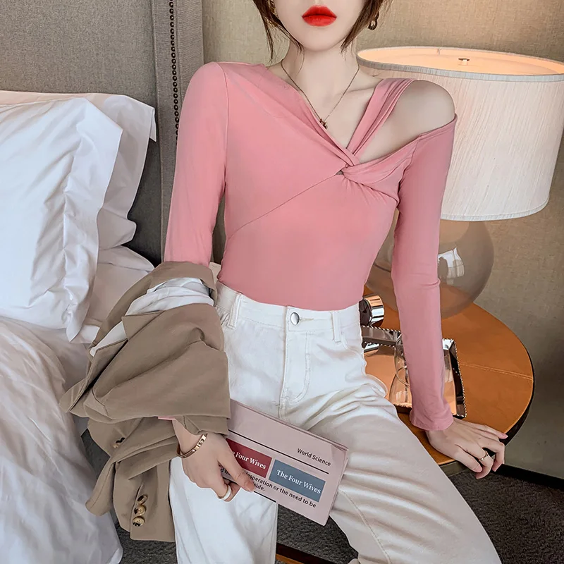 

WWENN 2021 Women Cotton Hollow Out Sexy Tshirt Bandage Long Sleeve Off Shoulder Tops Harajuku Slim Bodycon Streetwear Tees