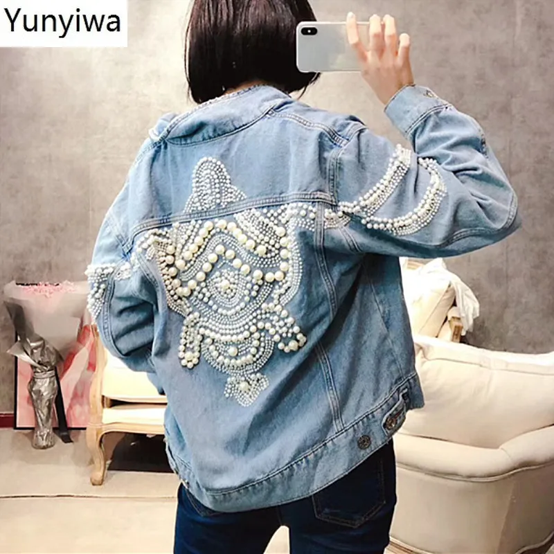 

Fake Pearl Beading Chic Coat Frayed Cool Girl Denim Jacket 2020 Spring Autumn Fashion Pockets Holes Buttons Outwear 69602
