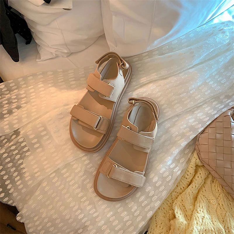 

Meotina Sandals Shoes Women Flat Platform Low Heel Sandals Square Toe Split Leather Shoes Flat Ladies Footwear Summer Fashion