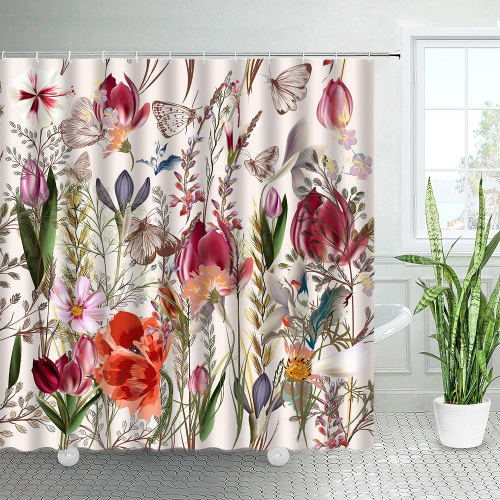 

Занавеска для душа в скандинавском стиле с изображением цветов и бабочек