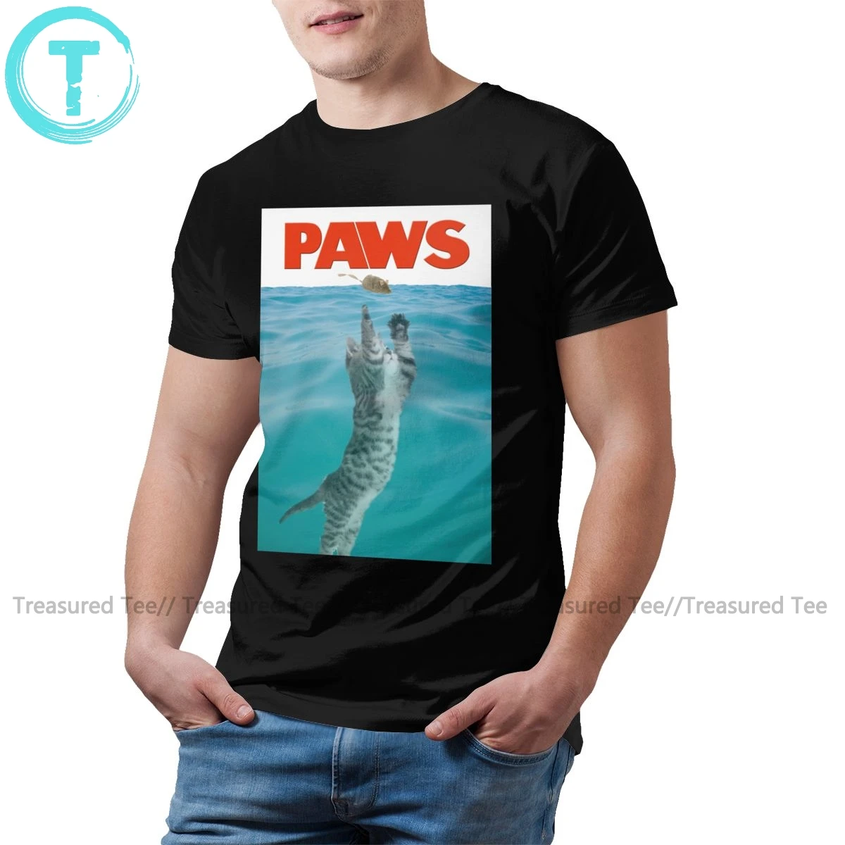 

Paw T Shirt Paws Jaws Cat Parody T-Shirt Awesome Graphic Tee Shirt Man Cotton Streetwear Short Sleeves Tshirt