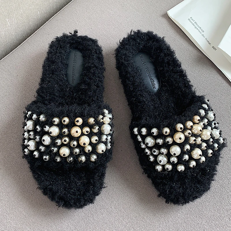 

New Women Furry Flats Slippers Flip Flops Shoes Female Spring Autumn Flock String Bead Slides Ladies House Fur Slippers Shoes