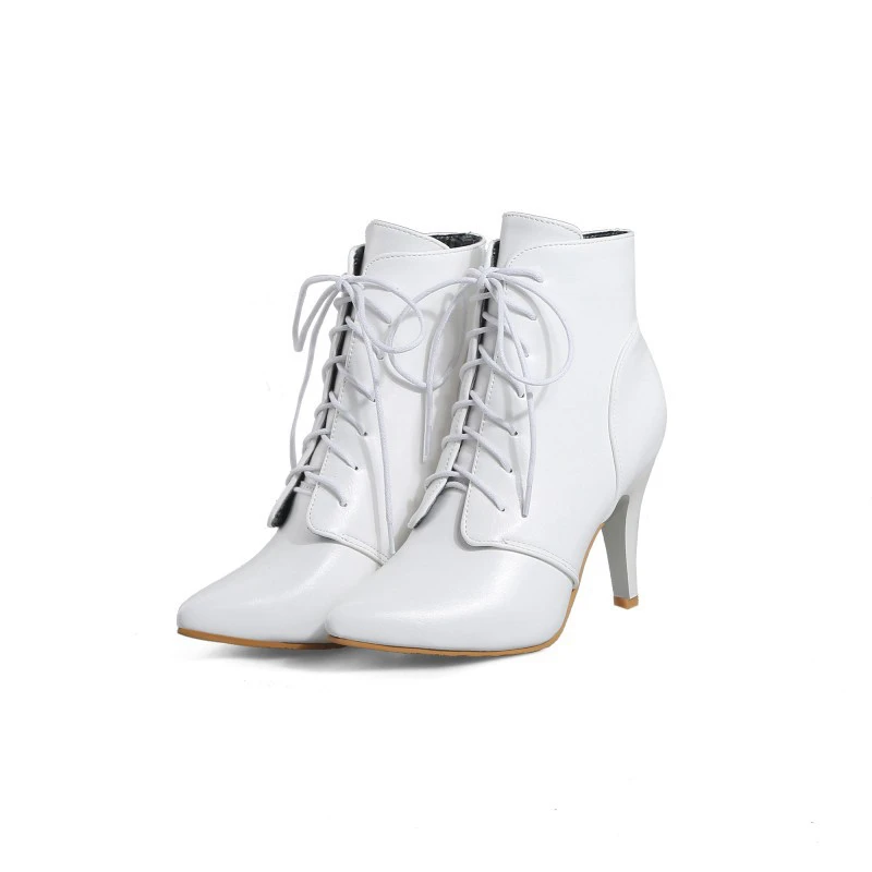 Женские удобные ботинки с острым носком простые милые сапоги на шнуровке