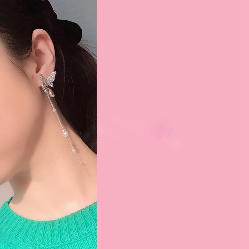 

SUMU 2020 Fashion Korean Shiny Butterfly Rhinestone Drop Earrings For Women Elegant Pearl Tassel Pendientes Party Jewelry