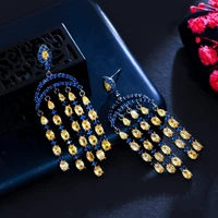 cwwzircons stunning blue yellow cubic zircon crystal long dangling chandelier tassel bridal wedding earrings prom jewelry cz941