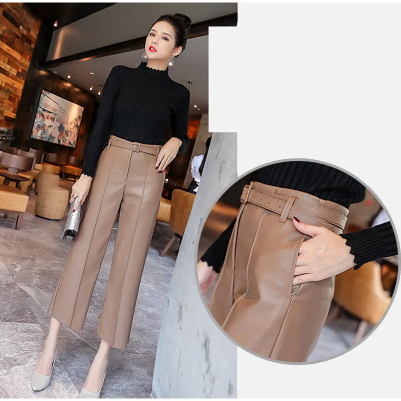 Autumn Faux PU Leather Pants Women With Belt High Waisted Wide Leg Anke-length Women's Trousers Winter NEW Fashion Clothes