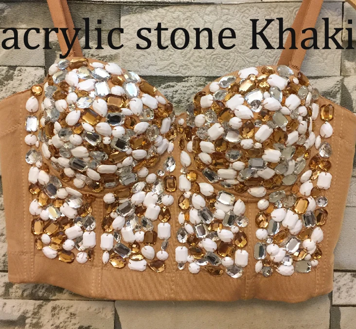 Бальные костюмы сценические вечерние Клубные радужные Кристаллы Стразы Алмазные блестки заклепки жемчуг пуш-ап бюстье короткий топ корсет Bralette - Цвет: khaki