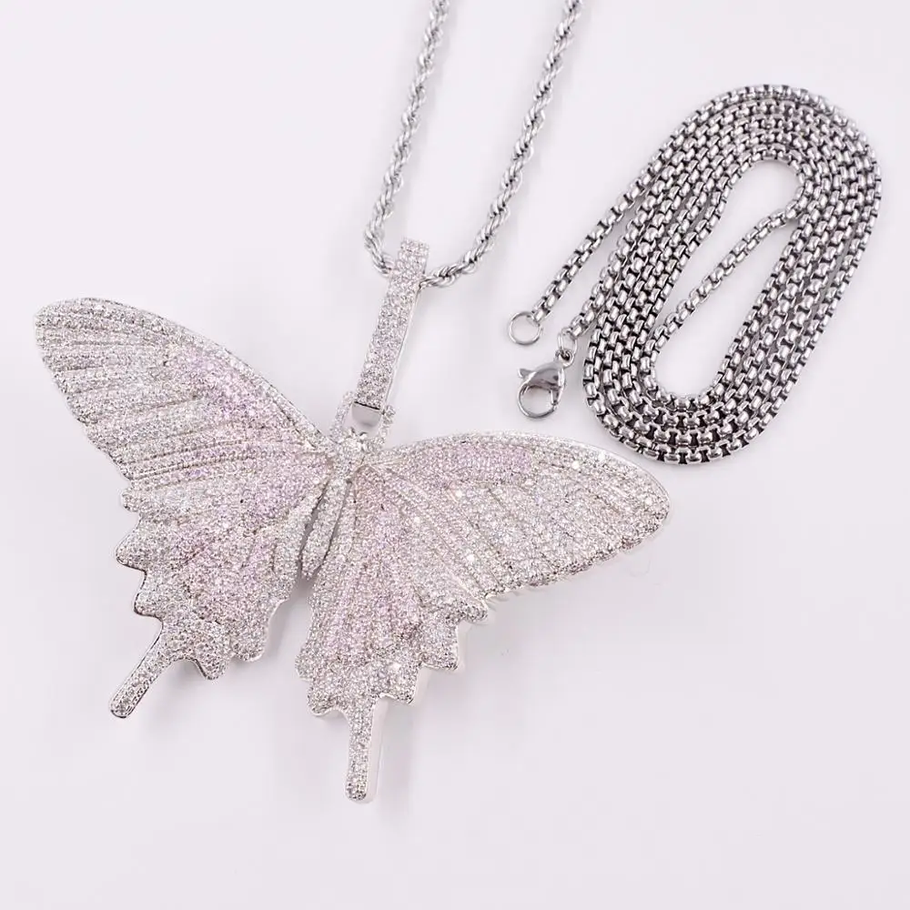 silver clear pink cz Iced Out большая Серебряная Бабочка Шарм Подвески микро проложить кубический циркон для мужчин из нержавеющей стали Веревка ожерелье хип-хоп рэпер wo мужчин - Окраска металла: silver clear pink cz