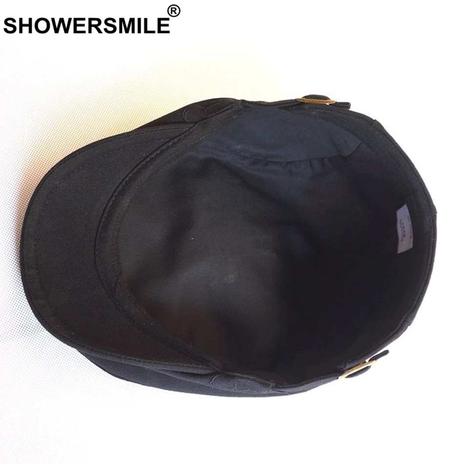 SHOWERSMILE Summer Cotton Hat Men Flat Cap Embroidery Skull Adjustable Male Beret Hats Black Fashion High Quality Ivy Caps