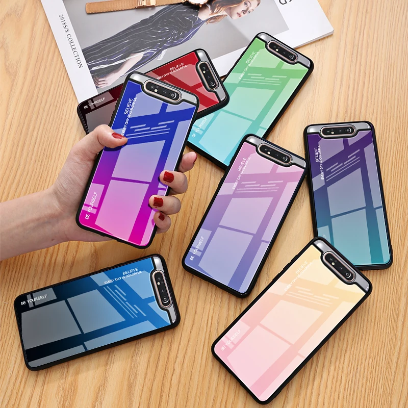 

For Samsung J8 A71 A90 A8S A7 2017 A6 Plus 2018 Gradient Glass Case Creative Dazzle Color shell Tempered Glass Protective Cover