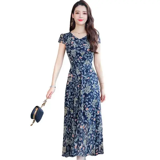 Шифоновое платье с принтом коротким рукавом и V образным вырезом|Женские платья| |