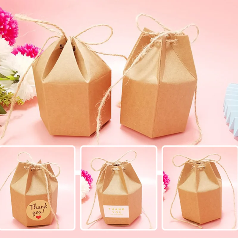 

20/50/100pcs Creative Kraft Paper Candy Gift Boxes Lantern Hexagon Shape Wedding Favors Cake Gift Packaging Dragee Bonbonniere