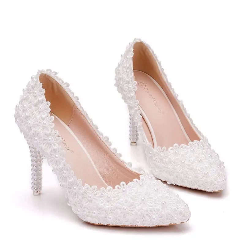 Fashion women thin high heels sexy party shoes women pumps wedding banquet Lace PU Rhinestones Slip On 9.5CM Pointed Toe white