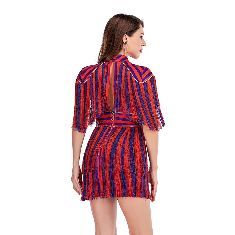 Женское платье в синюю и красную полоску Leger Babe облегающее мини с бахромой