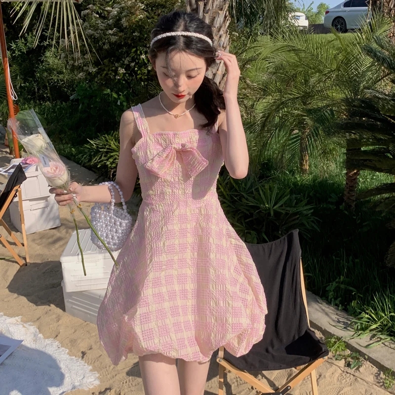 

Mini Plaid Sling Dress Women Summer French Loose Sleeveless Kawaii Princess Dresses Vintage Square Collar Cute Bow Puffy Dress