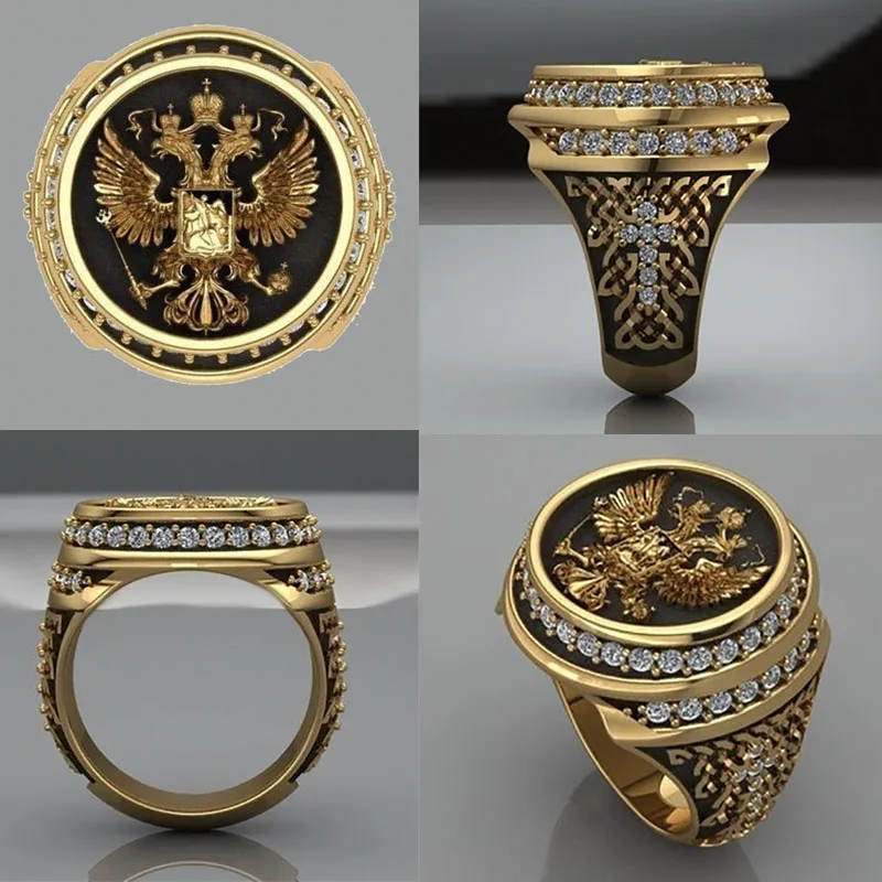 

Punkboy Creative Gold Color Domineering Men's Double Eagle Head Crown Inlaid Crystal Rhinestone Metal Ring for Party Jewelry