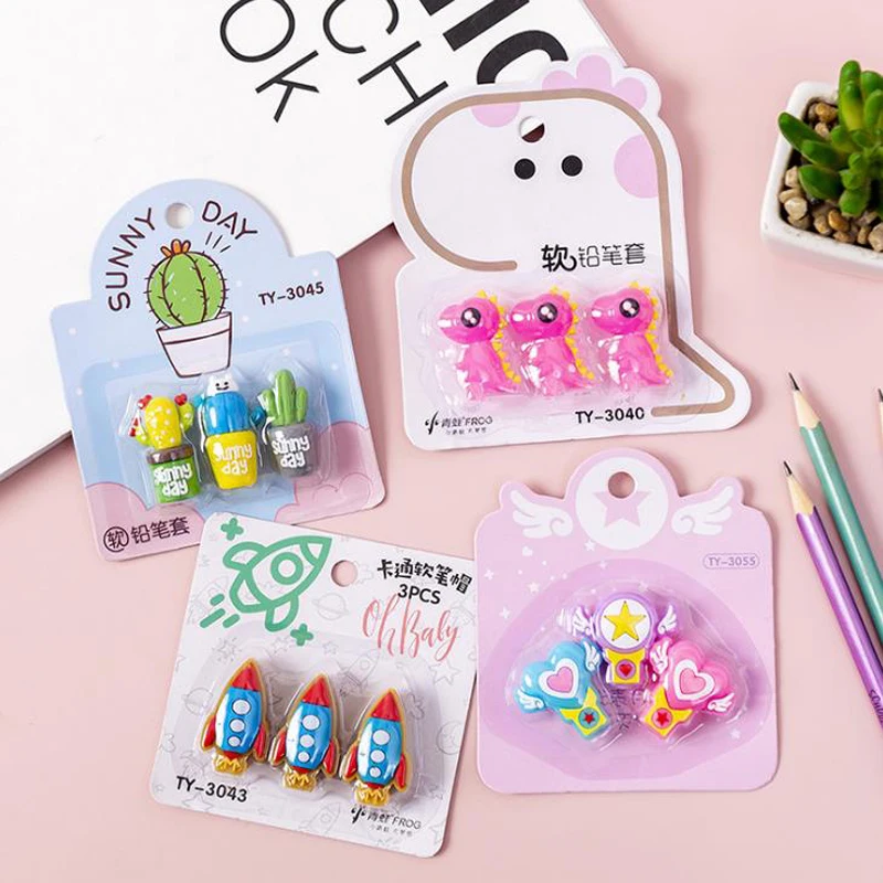 3 Pcs/pack Cartoon Dinosaur Cactus Rocket Wing Star Silicone Pencil Caps Protection Cap Extender Pen Grip Stationery | Канцтовары для