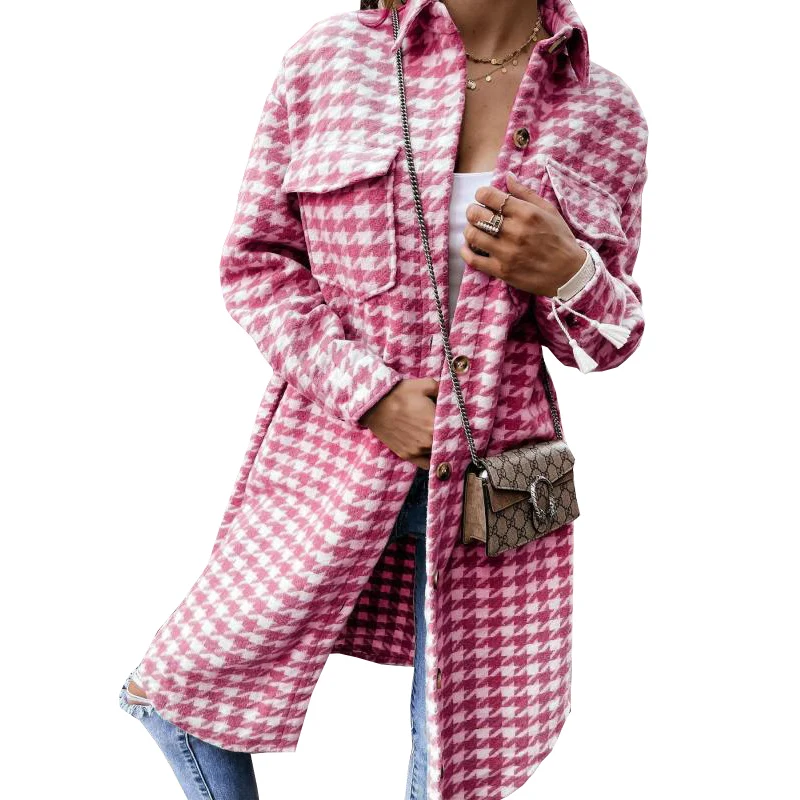 

Winter Female Woolen Cloth Coats Long Sleeved Fashion Tops Houndstooth Print Women Outwear Casual Pocket Button Coat Streetwear