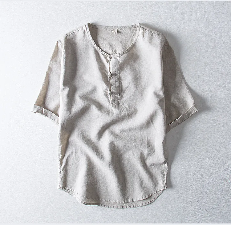 Повседневные мужские льняные рубашки в китайском стиле рубашка без воротника и