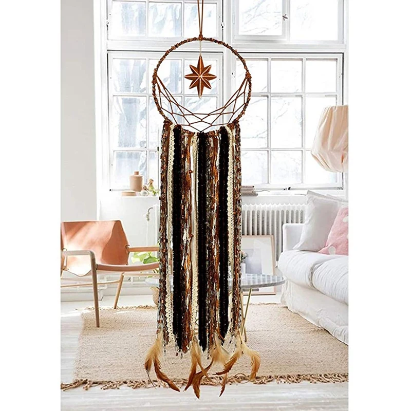

Dream Catchers with Unique Antique Brass 8 Point Star Dream Catcher Brown Feathers and Lace Wall Hanging Ornament