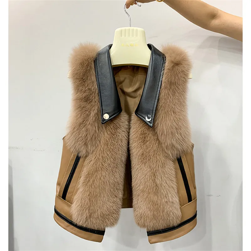 FURSARCAR New Real Natrual Fox Fur Vest Genuine Leather Short Sleeveless Fur Waistcoat Women Winter  Sheep Skin Fox Fur Gilet