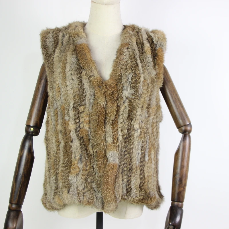 Hot Sale Womens natural real Knitted rabbit fur vest without raccoon fur collar waistcoat/jackets rabbit knitted Fur Vest