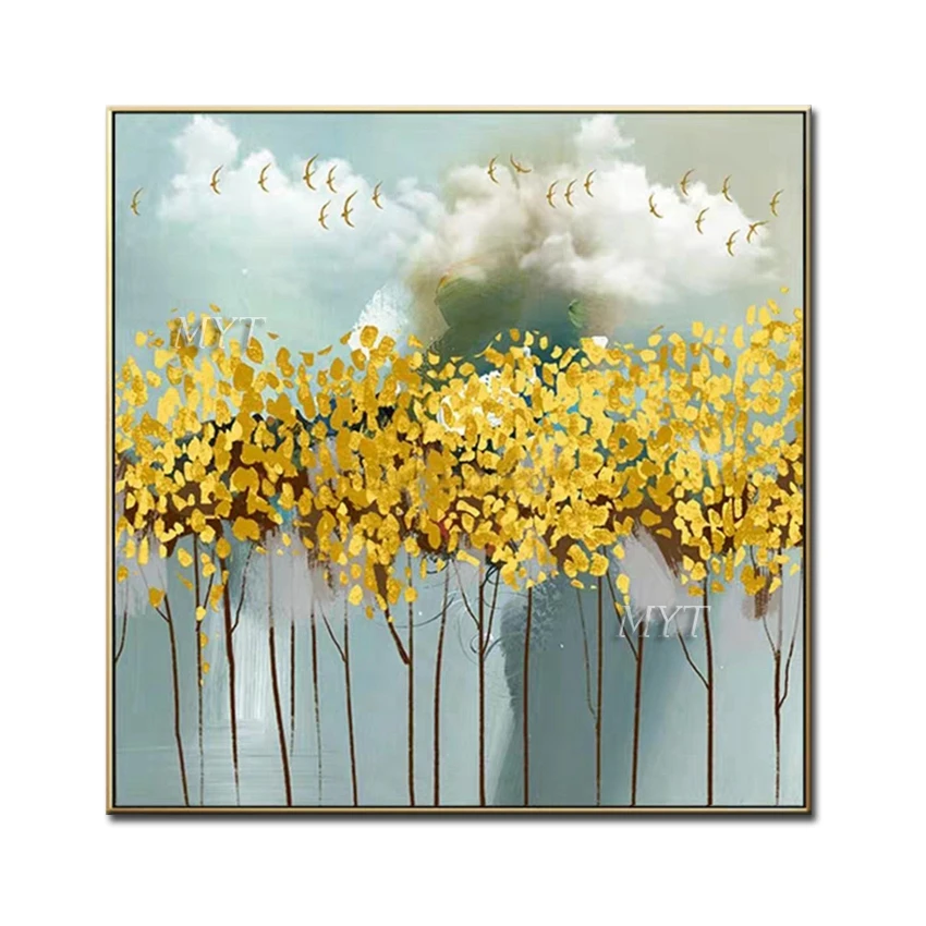 

Frameless Pictures New Arrival Gloden Tree Art Home Decor Wall Painting Free Shipping Hand Made Abstract Oil Painting
