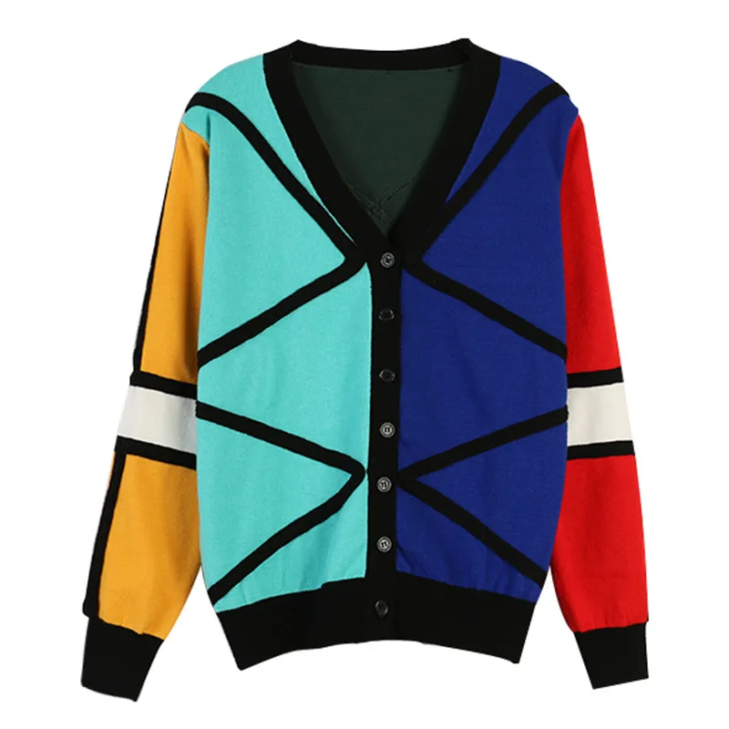 

Women's Cardigan Knit Sweater 2019 Autumn New Women's Contrast Color V-neck Loose Long Sleeve Knit Cardigan Spot Thin