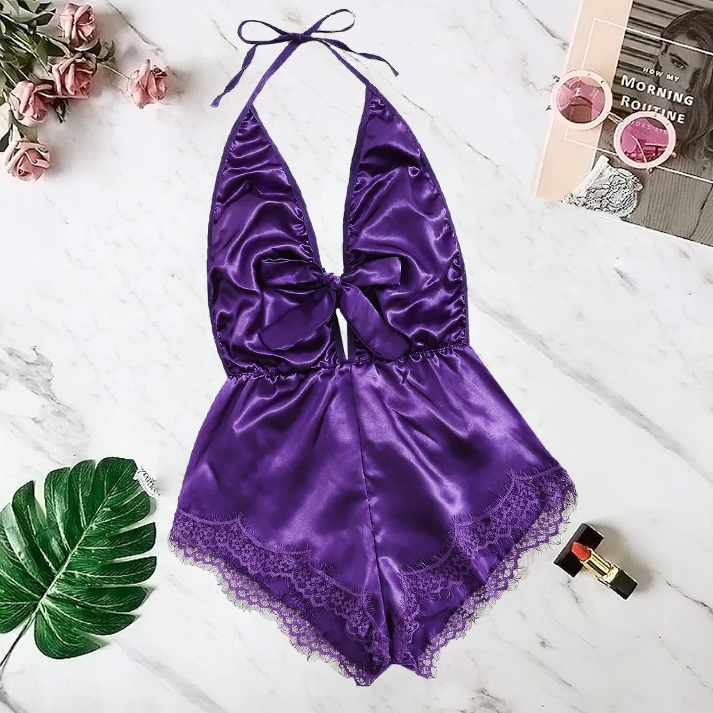 

Female V-neck Lace Lace Bow Underwear Tights Pajamas Silky Jumpsuit Hot Erotic Sexy Hollow Underwear L4