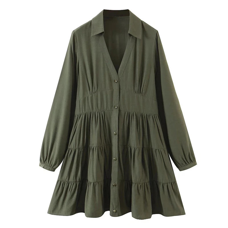

ZXQJ Elegant Women Turn Down Collar Long Sleeve Dress 2021 Autumn Fashion Lady Solid Pleated Dresses Female A-Line Button Dress
