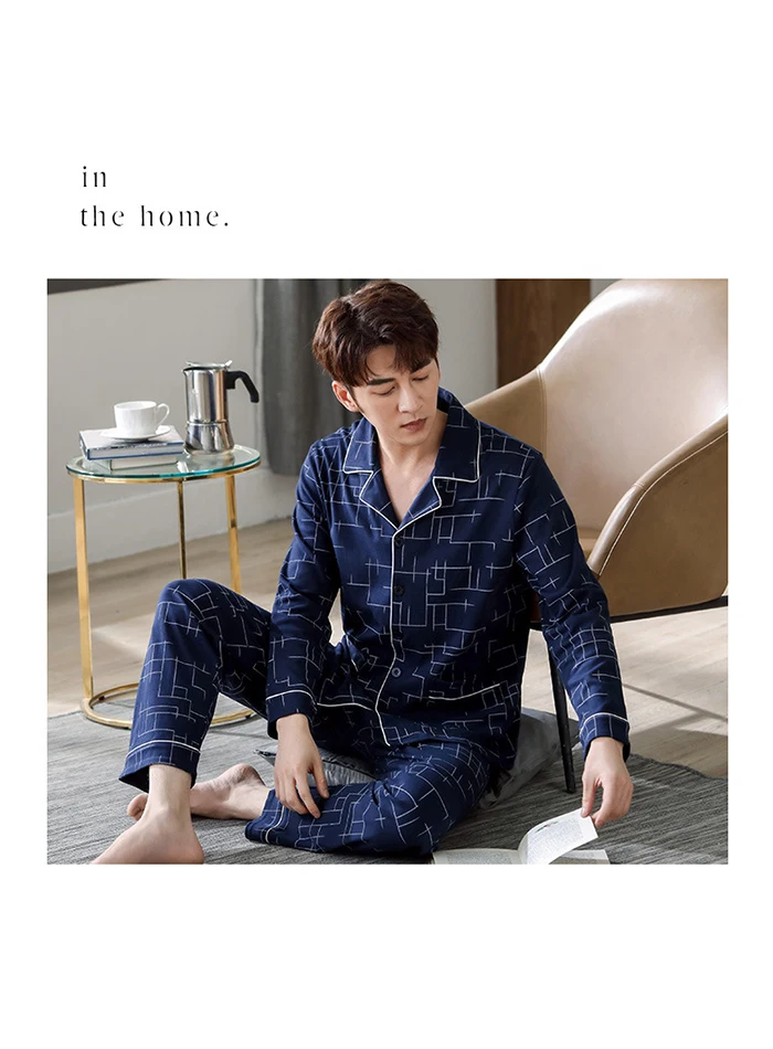 Men Pyjama Set 100% Cotton Spring Long Sleeve Print Men Pajama Suit Autumn Nightwear Collar Pijama Male Sleepwear Two Piece XXXL mens short pjs