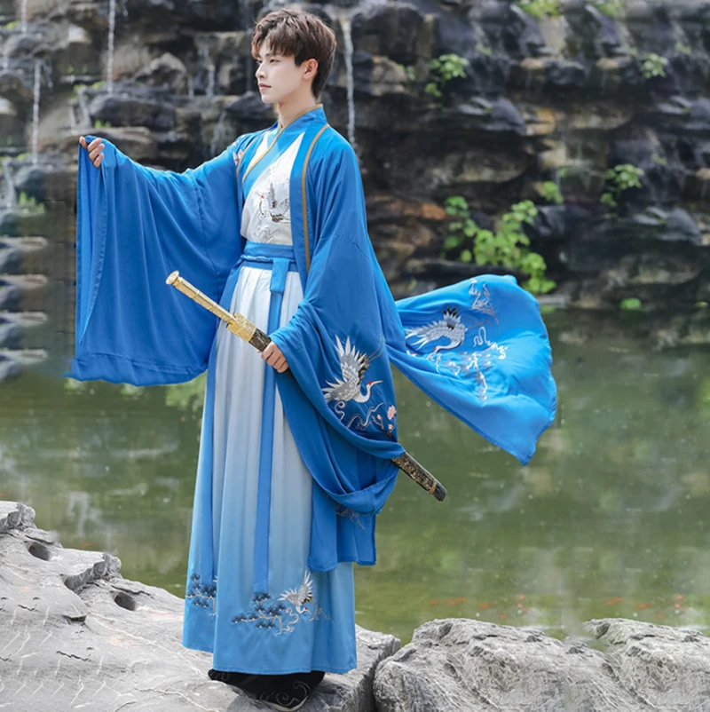 

Large Size 5XL Hanfu Men Chinese Ancient Embroidery Hanfu Male Cosplay Costume Gradient Blue Hanfu Sets For Men Plus Size 4XL