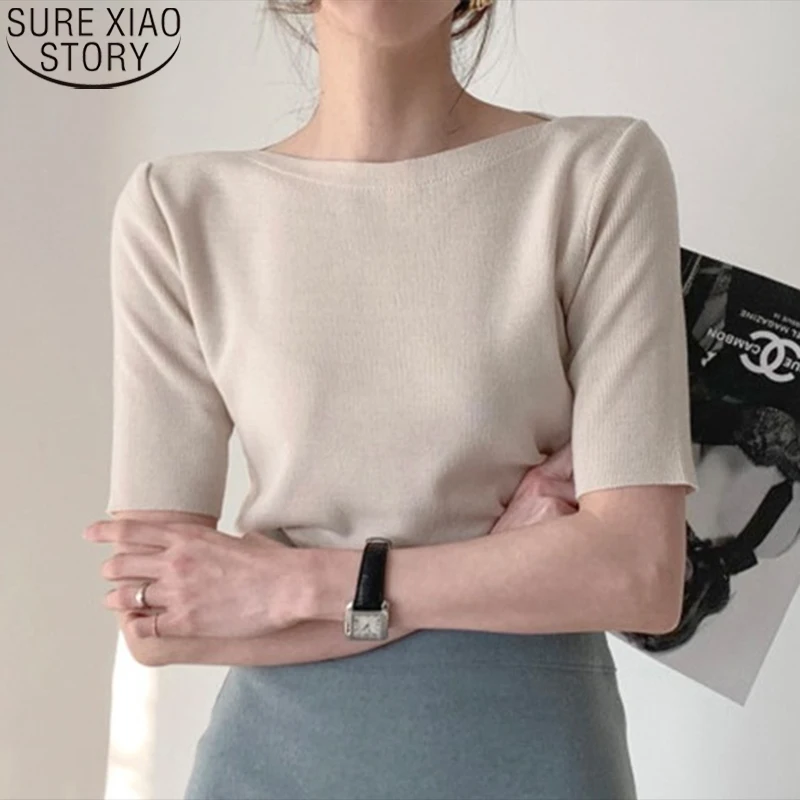 

Футболка женская Трикотажная хлопковая базовая, повседневный однотонный топ с рукавом до локтя и круглым вырезом, приталенный силуэт, 2021, лето 14078