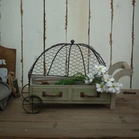 handcrafted vintage wooden plants decorations cart with metal wire dome