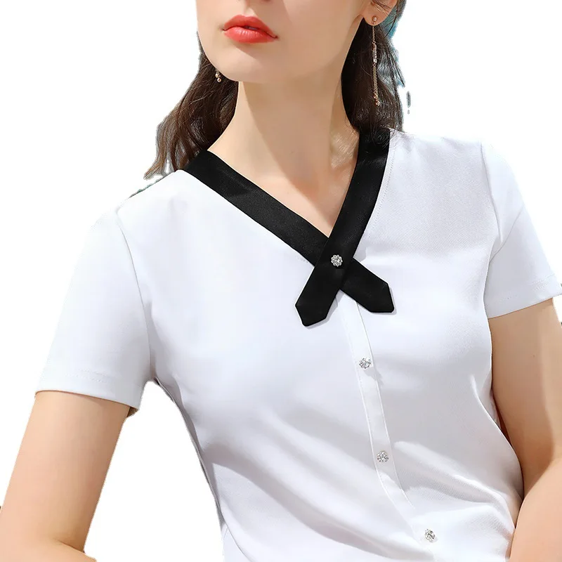 

2021 new women's splicing cotton T-shirt with diamond V-neck top contrast short sleeve foreign style T-shirt