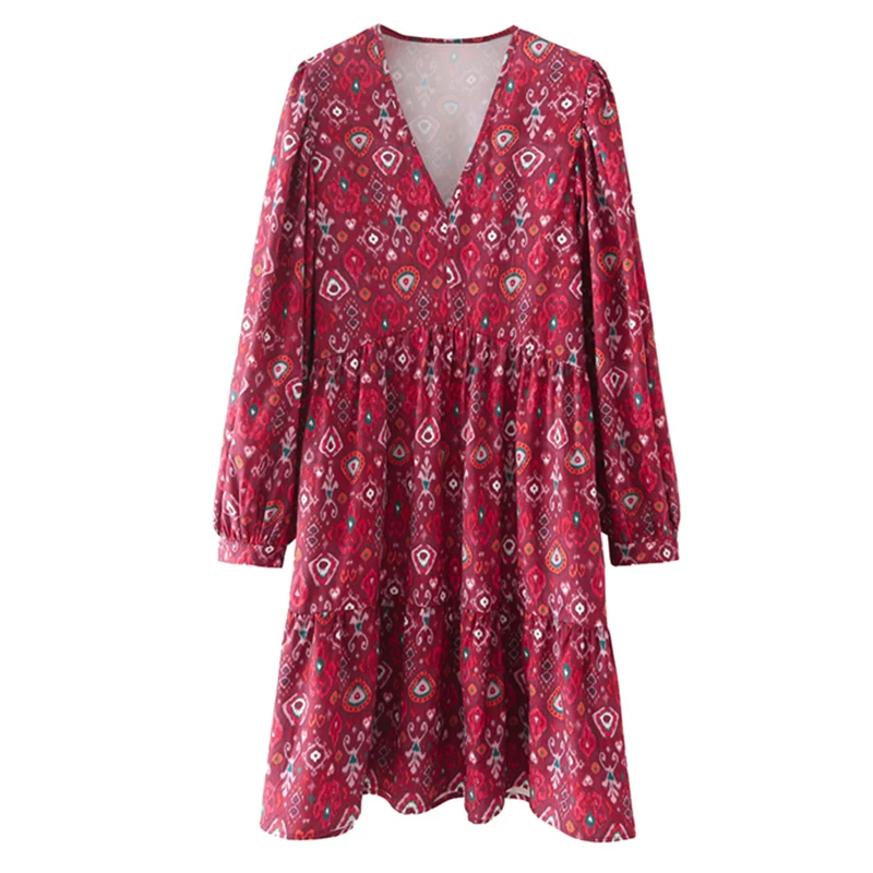 

Женское платье с разноцветным принтом YENKYE, Осеннее повседневное ТРАПЕЦИЕВИДНОЕ мини-платье с V-образным вырезом и длинным рукавом