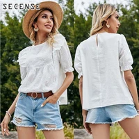 ruffle top for women cotton white short sleeve loose hollow prairic chic clothing sweet summer 2021 secense