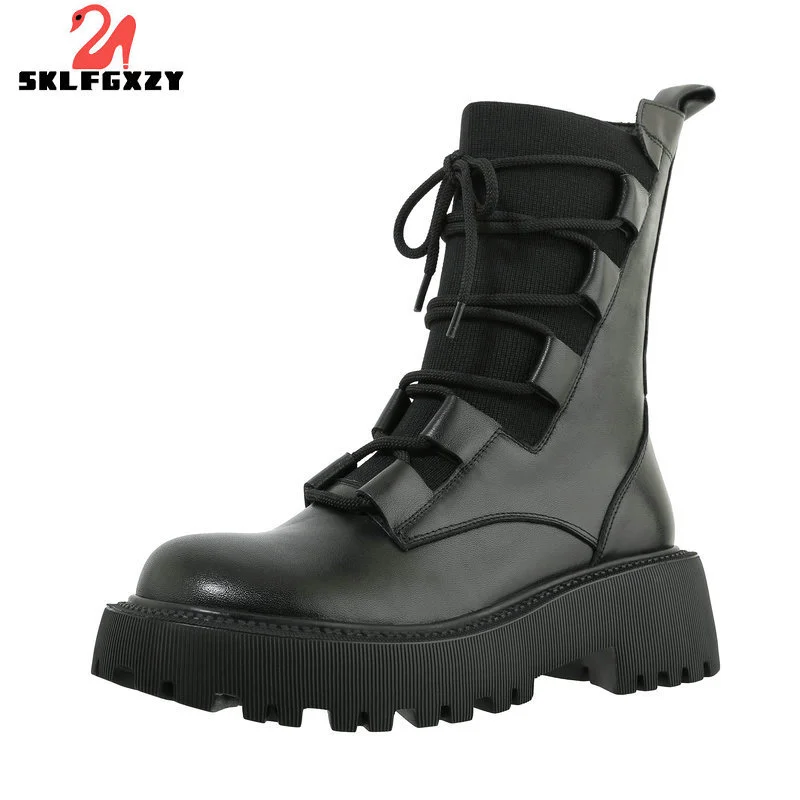 

SKLFGXZY 2021 Black Women Genuine Leather Platforms Shoes Woman's Ankle Boots Motorcycle Winter Ladies Fashion Leather Chunky