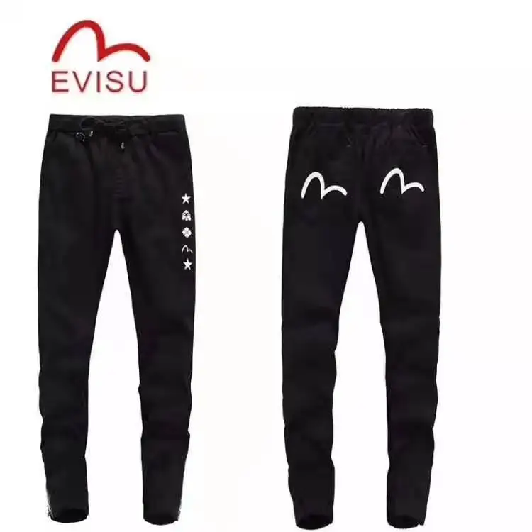Evisu повседневные мужские дышащие высококачественные повседневные штаны теплые мужские брендовые хлопковые прямые с принтом сохраняющие тепло мужские брюки - Цвет: Черный