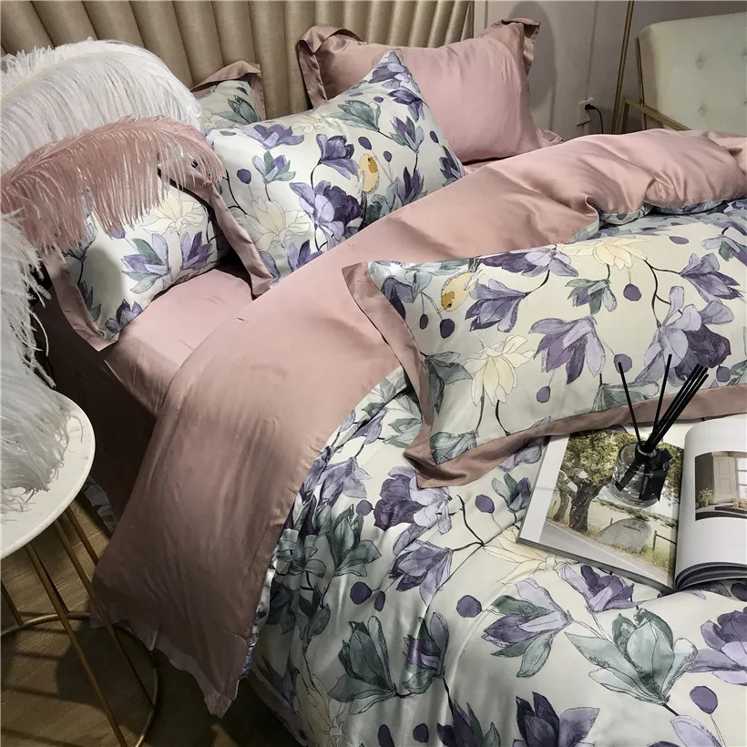 ?? Tencel Silk-花柄のベッドリネンセット,コンフォーターカバー,ソフトリネン,フラットベッド,フィットシート,ライト
