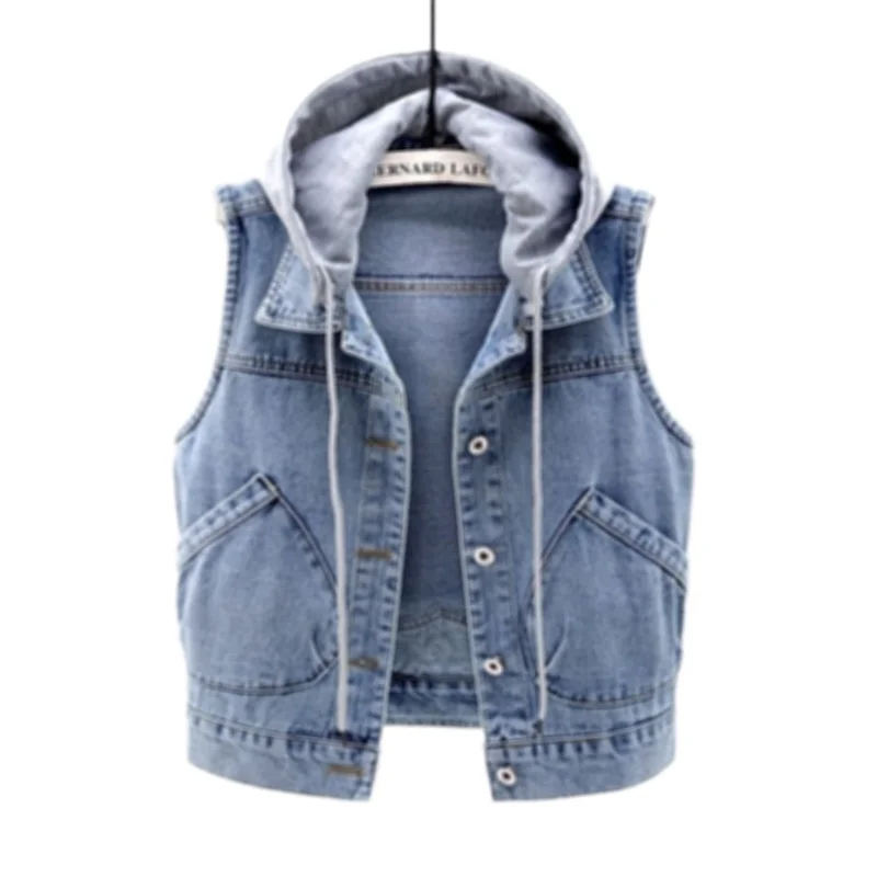 

Denim Vest Women Short 2021 Spring New Hooded Big Pocket Sleeveless Jacket All-Match Slim Top Cardigan