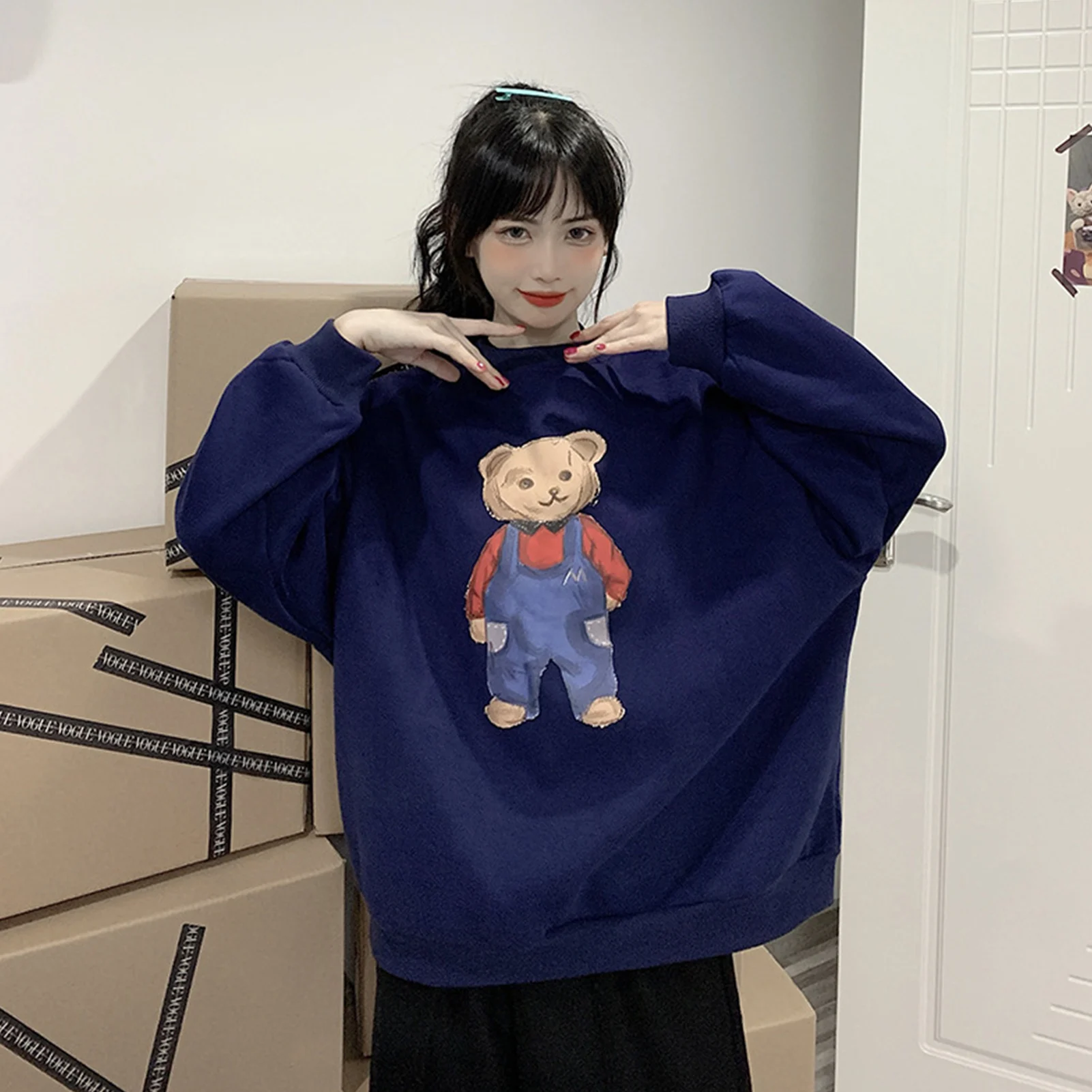 

2020 Autumu Women Cartoon Bear Print Blouse Red Long Sleeve O Neck Sweatshirt Oversized Female Home Outdoor Pullover Streetwear