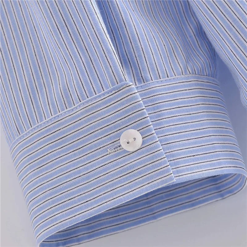

Za Blue Striped Poplin Blouses Women Spring 2021 Casual Long Sleeve Shirt Female Fashion Asymmetric Loose Hem Button Up Shirts