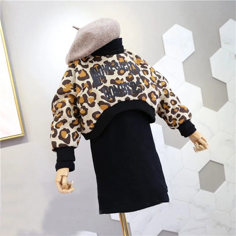 

Baby Girl Winter Clothes Set Girls Leopard Letter Print Sweater With Black Dress 2 Piece 3-7 Years Fall Children Casual Costumes