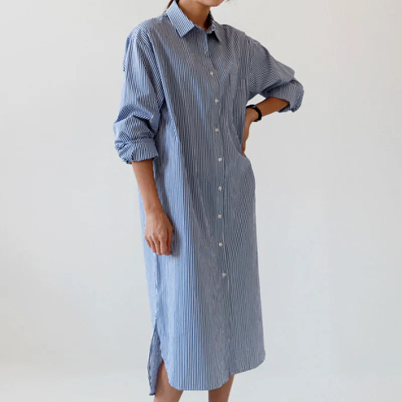 Женское платье-рубашка в полоску синее винтажное платье миди с отложным