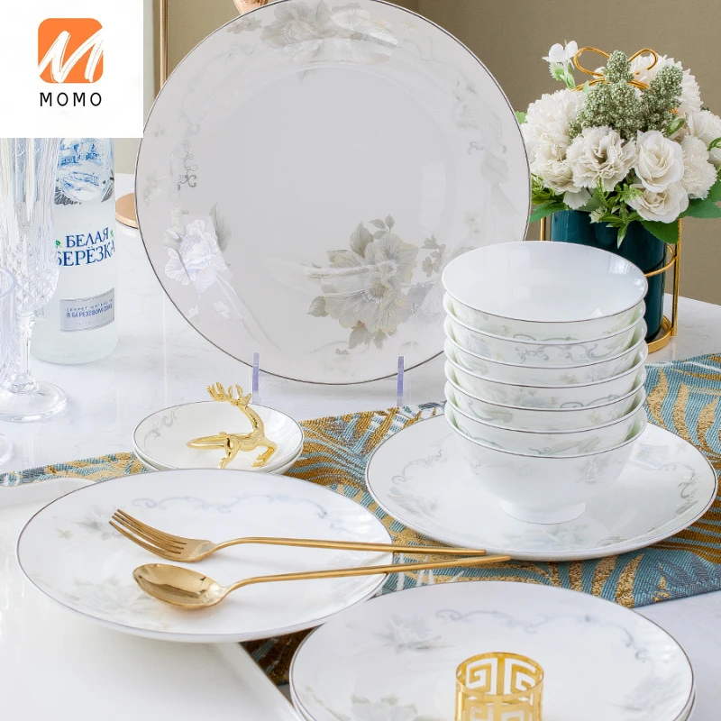 

Bowl and Dish Set Silver Edge Bowl and Plate Jingdezhen Ceramic Bone China Tableware Set of Dishes and Bowls Combination