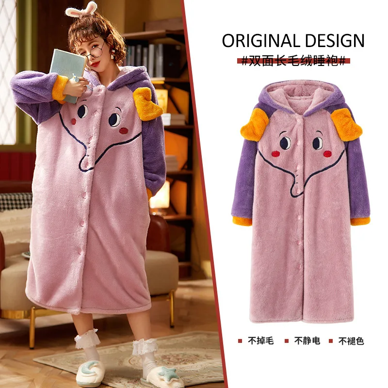 

2020 ночная рубашка, зимняя одежда для сна с капюшоном и длинным рукавом, фланелевый Халат из кораллового флиса для ванны для женщин, милая теп...