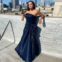 sevintage navy blue draped satin prom party dresses high slit dubai evening gowns arabia women celebrity formal party gowns 2022